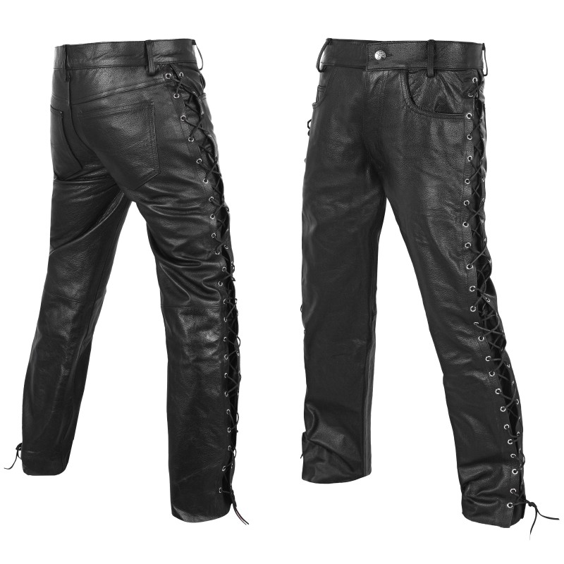 DEFY Men's Motorbike Cow Leather Jeans Style Side Laces Nightclub Pant 28" - 46"